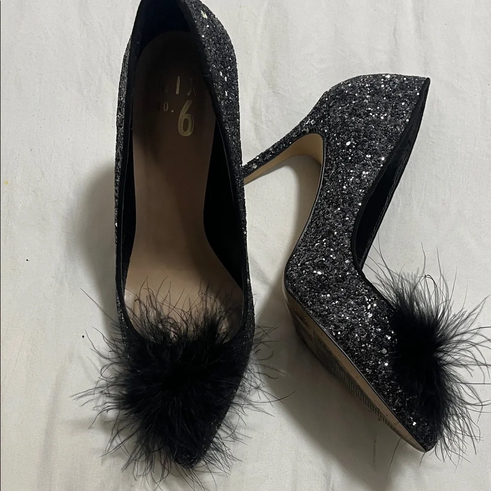 Mix No. 6 Black Glitter Heels with Feather Accent - Picture 3 of 4